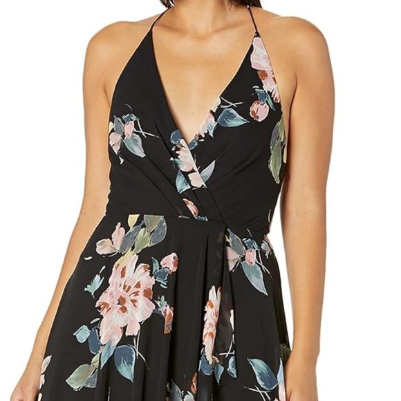 Black and Pink Floral Faux Wrap Dress - Picture 10 of 16